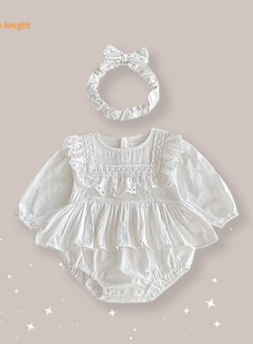 秋季宝宝衣服甜美女婴纯白包屁衣长袖爬服公主风镂空花边设计爬服