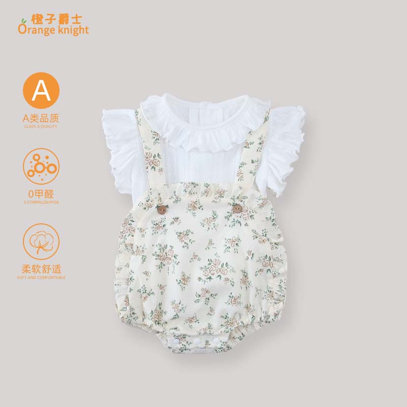 小月龄女宝宝夏季满月衣服婴儿甜美碎花短袖上衣包屁背带裤两件套