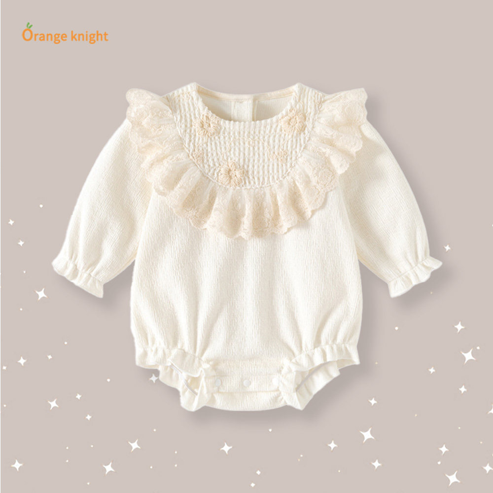 0 - 3岁婴幼儿奶杏色大圈薄纱花边圆领刺绣花朵灯笼袖女宝连体衣