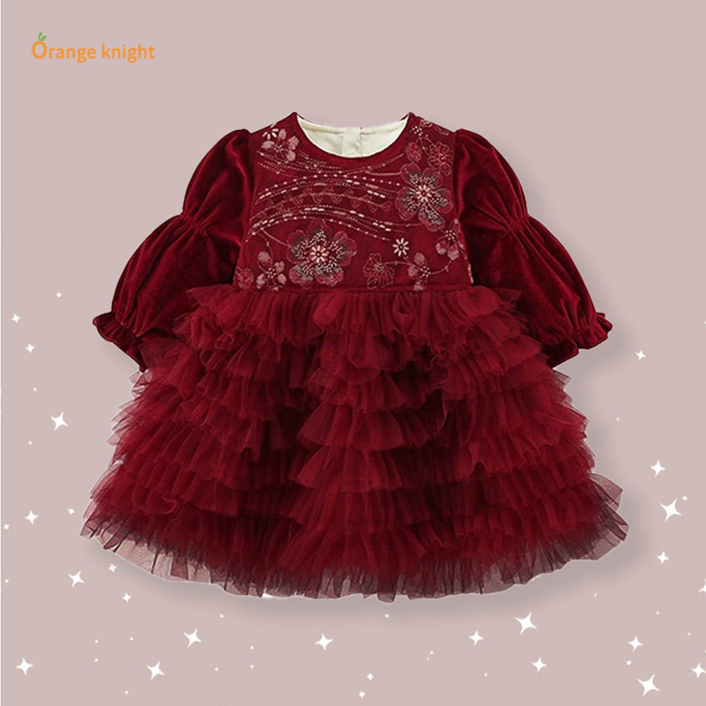 女童红色刺绣网纱连衣裙2025年秋冬厚款泡泡袖蛋糕裙小公主裙礼服