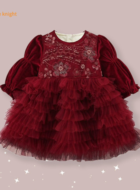 女童红色刺绣网纱连衣裙2025年秋冬厚款泡泡袖蛋糕裙小公主裙礼服