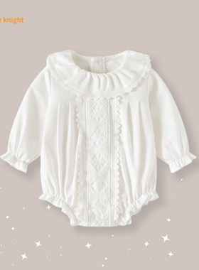 女宝秋季上款衣服百天周岁梦幻纯白色镂空花边娃娃领泡泡袖包屁衣