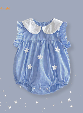 0到3岁小宝宝夏季款甜美蓝色条纹小花朵可爱娃娃领短袖连体衣哈衣