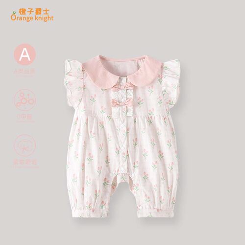 婴儿夏季新款满月衣服女宝宝甜美可爱娃娃领洋气碎花短袖连体衣薄