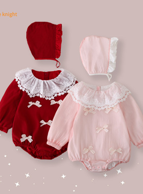 满月婴儿包屁长袖新款宝宝连体衣蝴蝶结软萌可爱幼儿三角哈衣爬服