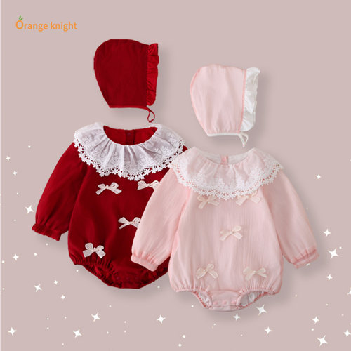 满月婴儿包屁长袖新款宝宝连体衣蝴蝶结软萌可爱幼儿三角哈衣爬服