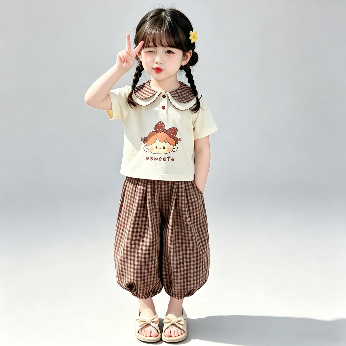 女中小童翻领短袖九分裤套装2026夏季新款洋气时髦女孩巨好看衣服