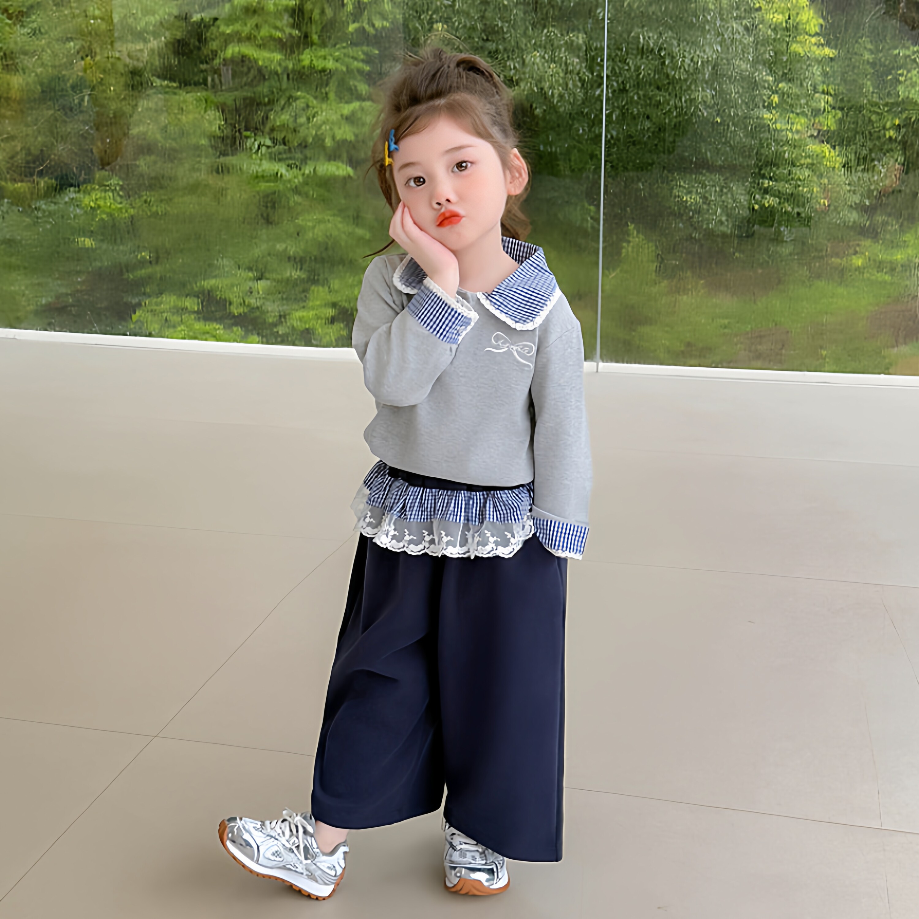 凯之璇小女童2026年新款春季时尚灰格子上衣长裤女孩洋气新潮套装