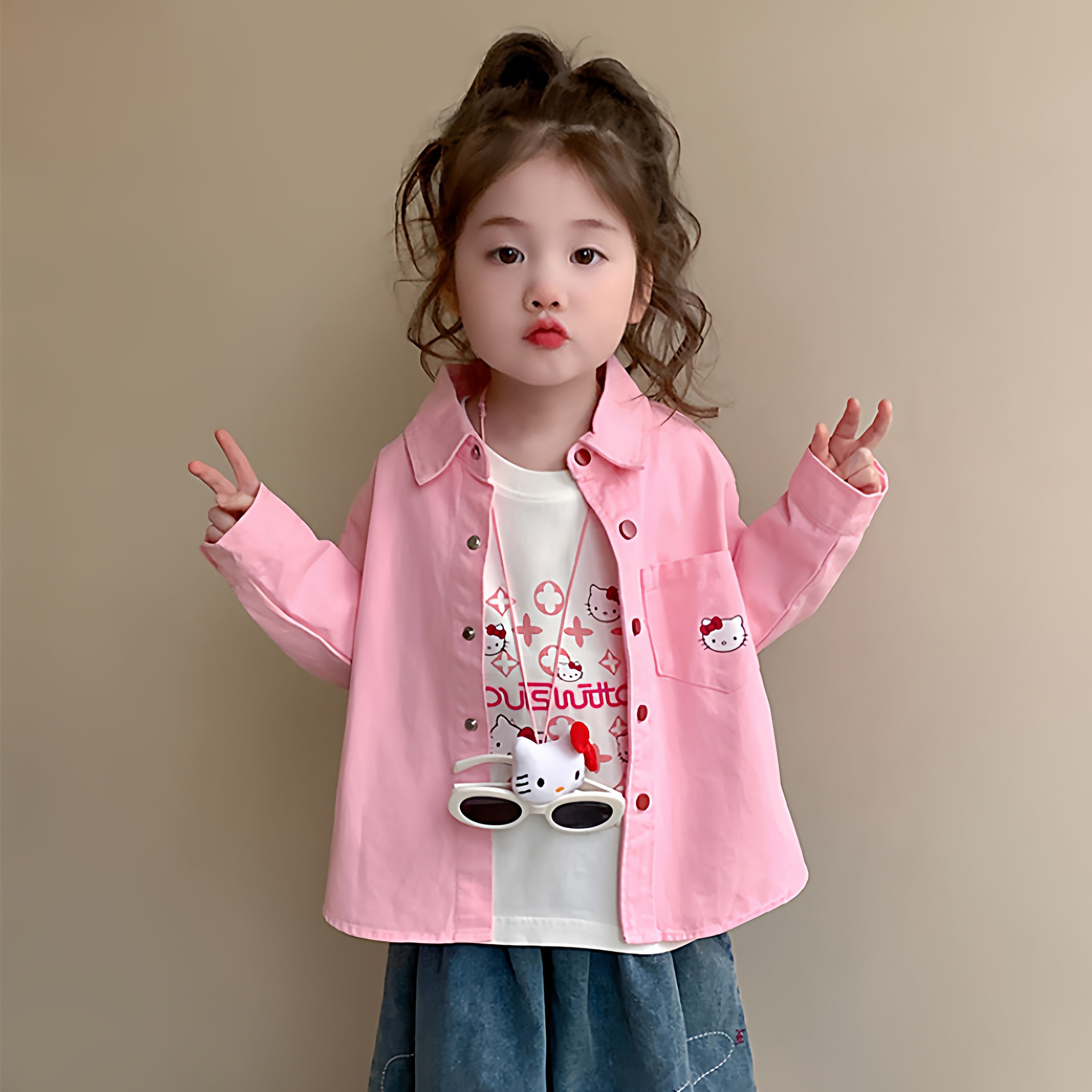 凯之璇女小童小猫棉布衬衫长袖2026年春季新款女孩儿童时尚薄衬衣