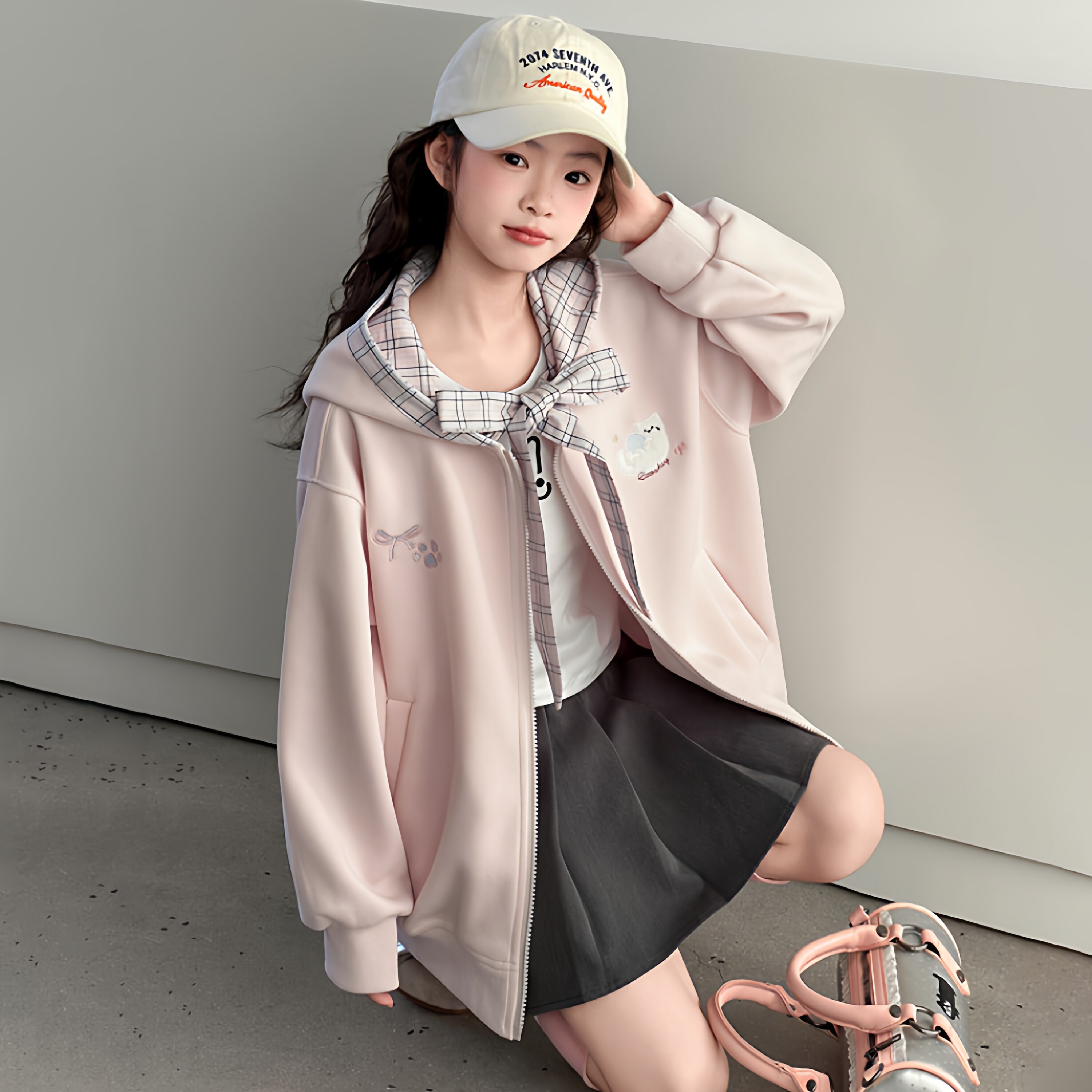 凯之璇女中大童宽松连帽拉链外套2026春季新款廓形针织棉洋气外套