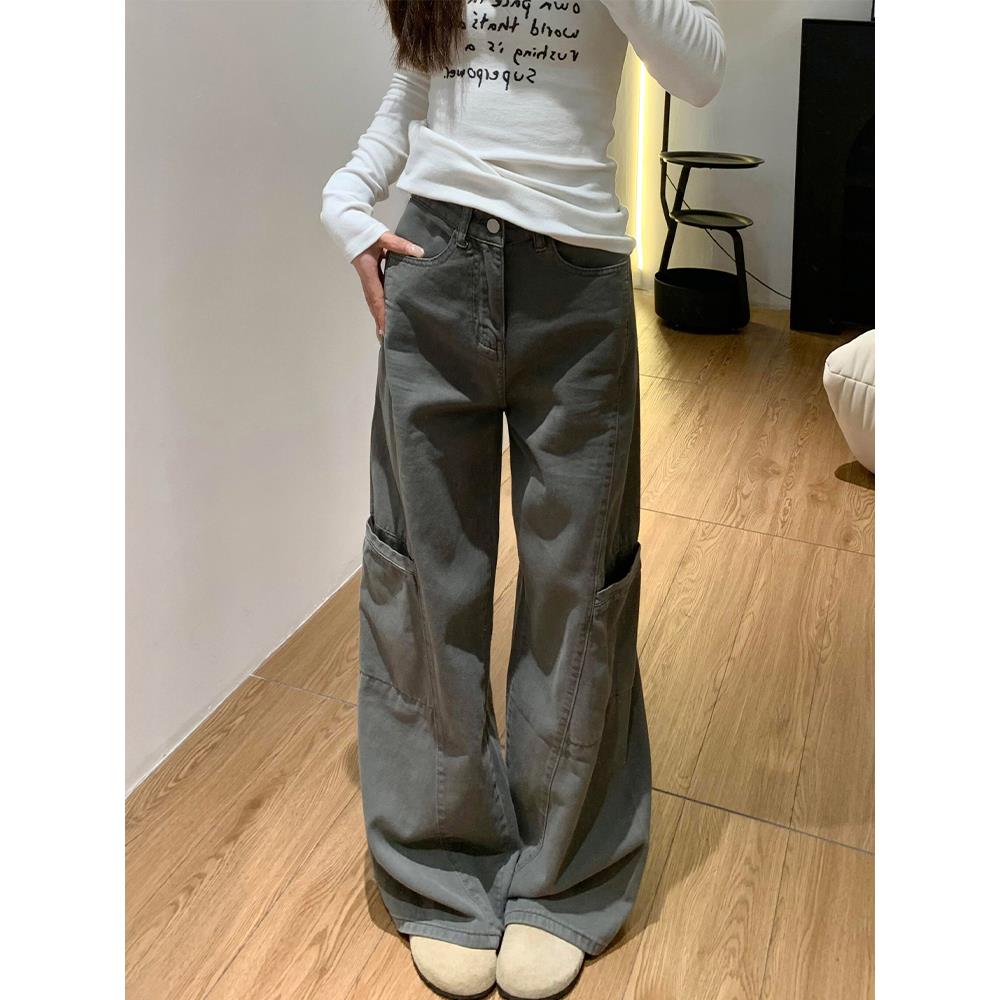 美式水泥灰阔腿工装裤女夏季新款胖妹妹梨形身材宽松显瘦休闲裤