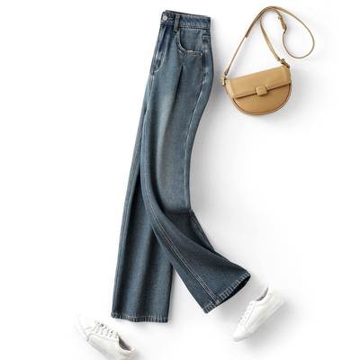 覆合银狐绒牛仔裤阔腿裤女士2025冬季新款长裤加厚裤子