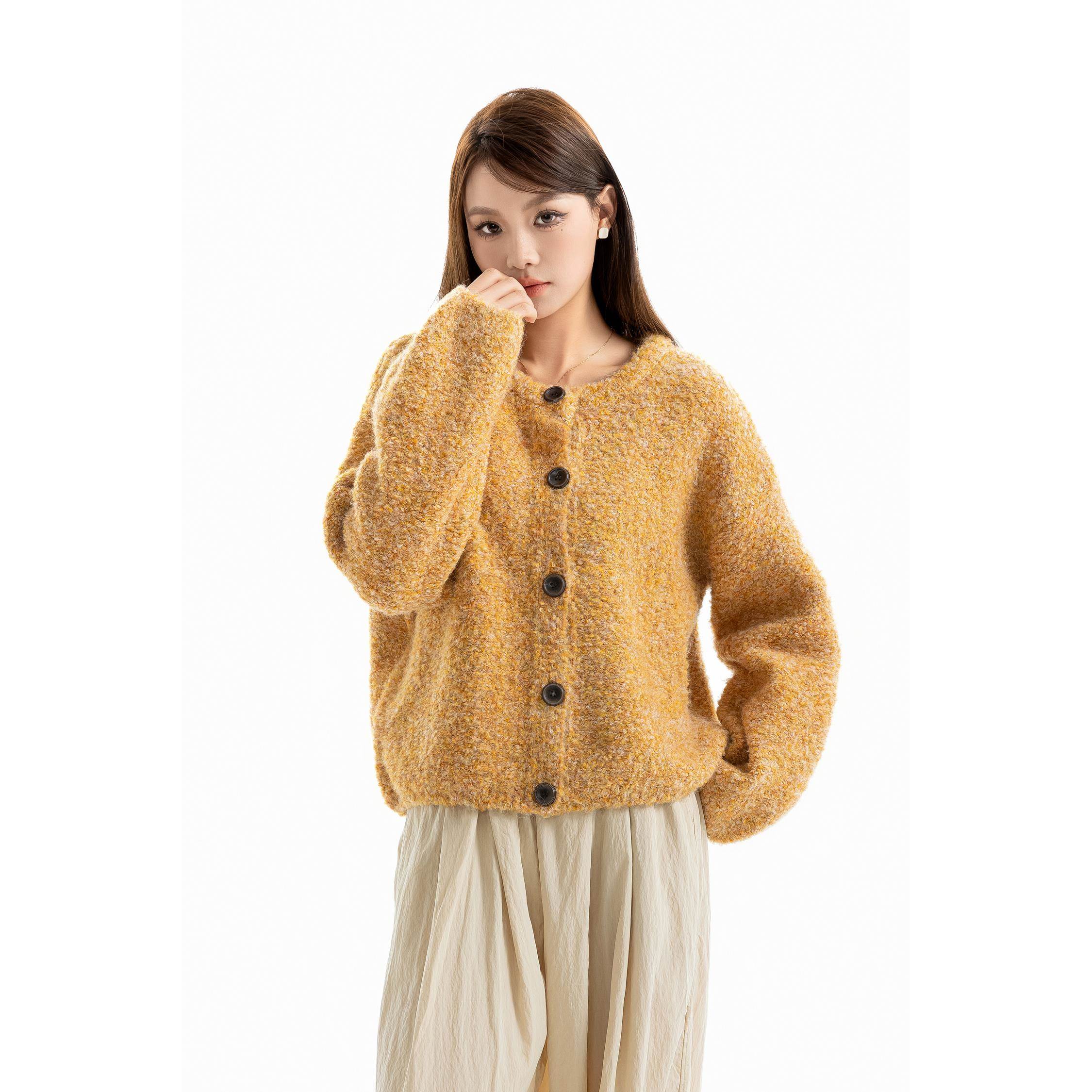 显瘦秋冬宽松慵懒风圆领针织短款毛衣开衫上衣外套潮女款