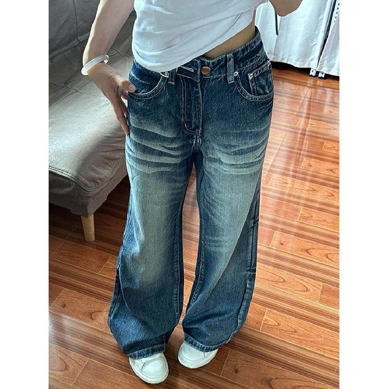 胖大码女装原创设计感牛仔裤女美式复古阔腿裤子水洗个性直筒裤