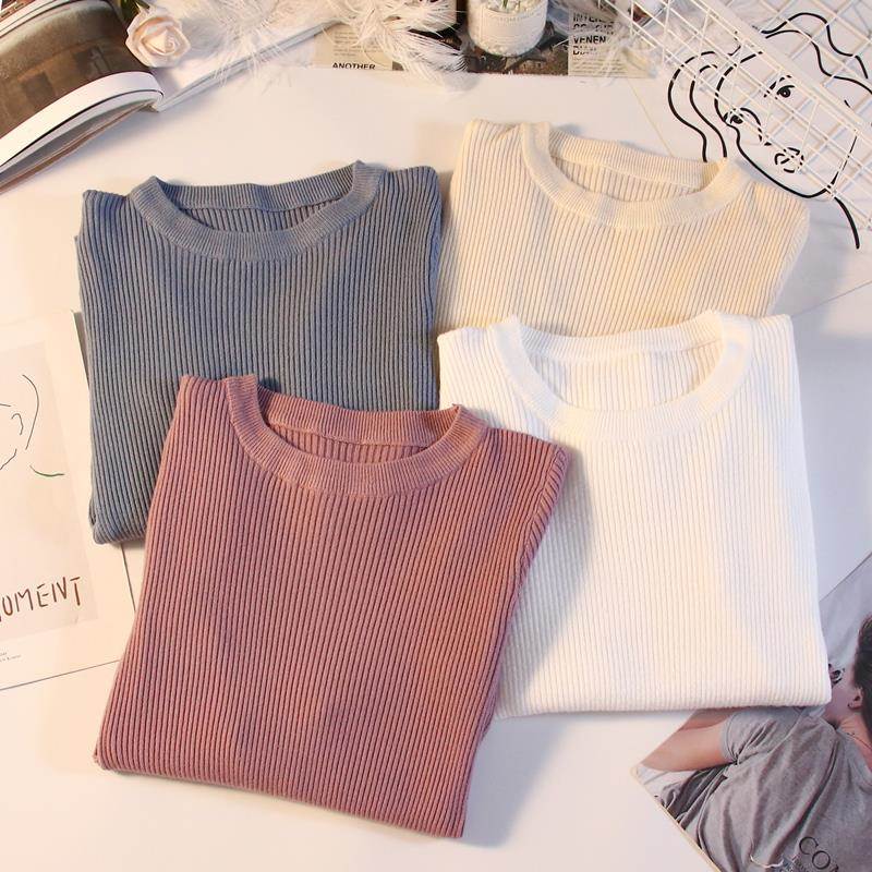 秋冬季2025新款修身长袖打底针织衫上衣早秋季薄款内搭圆领毛衣女