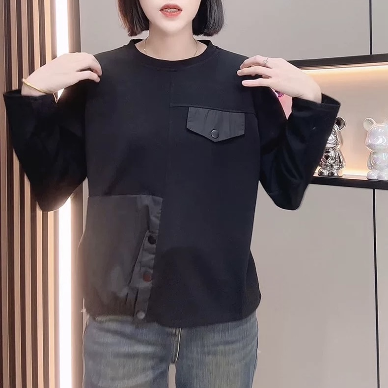 纯棉拼接圆领长袖秋打底衫t恤女