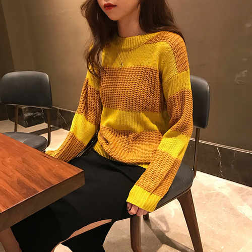 Real-time Chic Korean version of the new stripe patchwork hundred-tie sweater