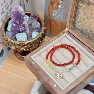 贝奇手作·原创苹果小象好运红玛瑙彩虹色萤石多巴胺双圈水晶手链