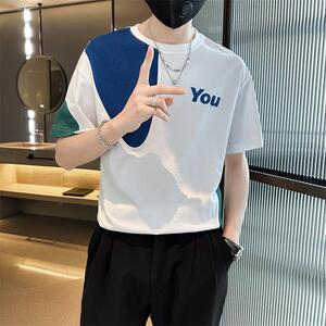 新款男士圆领拼接小众设计短袖时尚潮流T恤T010-P48控68图片