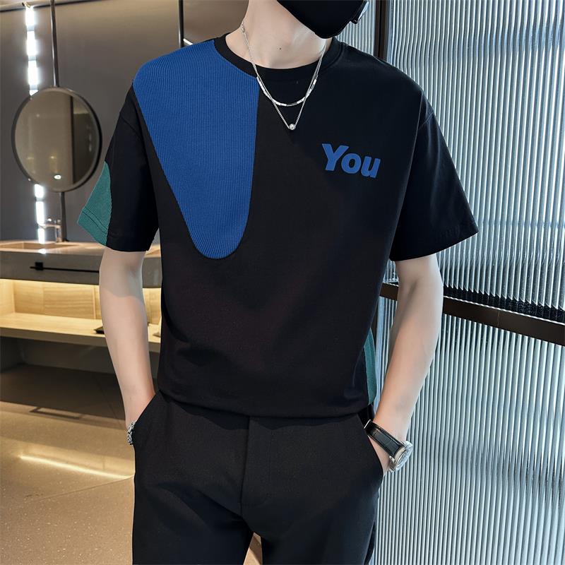 新款男士圆领拼接小众设计短袖时尚潮流T恤T010-P48控68,男装T恤,星座304B