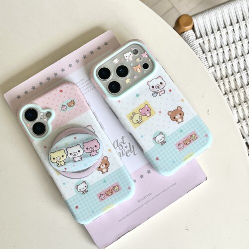 卡通波点格纹小熊兔子适用iphone17promax手机壳苹果16新款15可爱16pro磁吸支架17pro软胶15promax防摔保护套