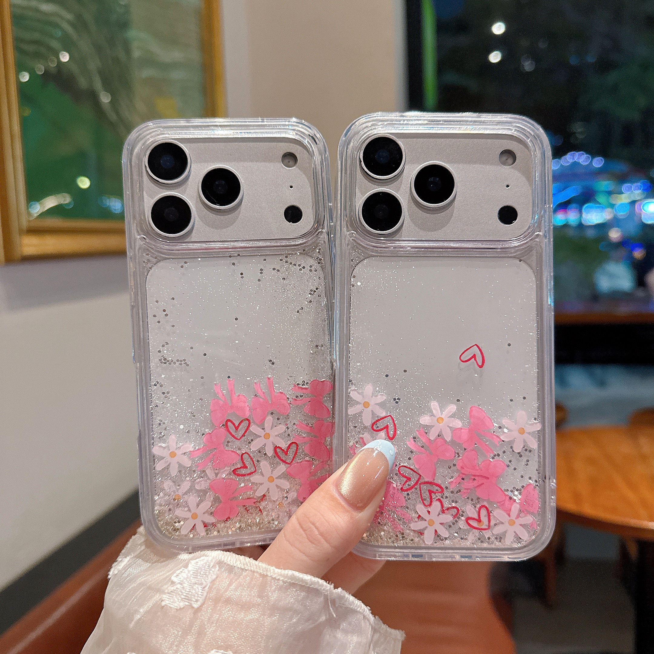 ins小雏菊蝴蝶结流沙闪粉适用iphone17promax手机壳苹果16新款15创意14pro女生款13软边15pro透明防摔保护套