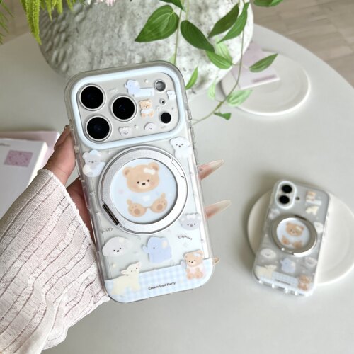 ins韩风蓝色小熊动物适用iphone17promax手机壳苹果16pro新款16可爱17pro旋转360支架17软边15pro防摔保护套