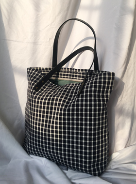 LU工作室帆布包小众日系黑白格子通勤托特包单肩包包女大容量学生