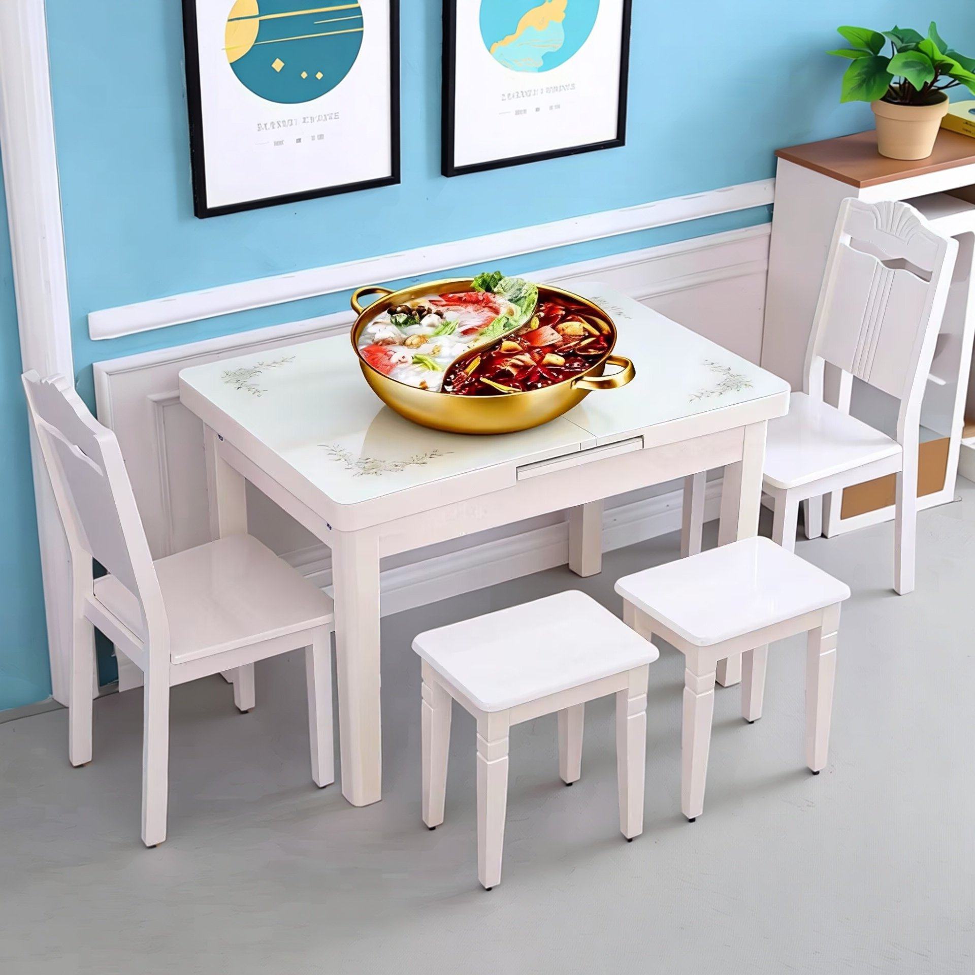 电磁炉桌子小户型实木餐桌现代简约白色烤漆抽拉桌钢化玻璃桌椅