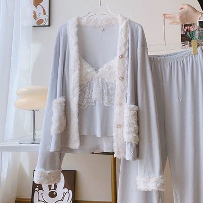 2025新款海岛绒睡衣女长袖长裤加厚家居服三件套小香风秋冬睡衣