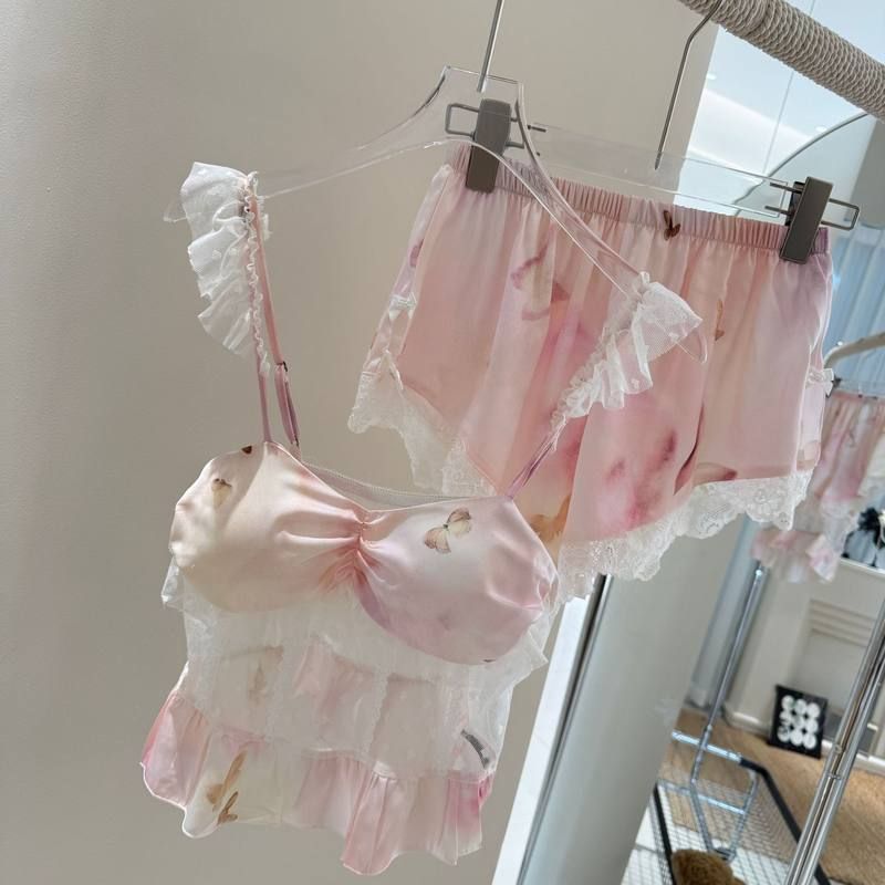 新款带胸垫冰雪丝四件套睡衣女渐变韩式蕾丝套装春秋家居服薄款