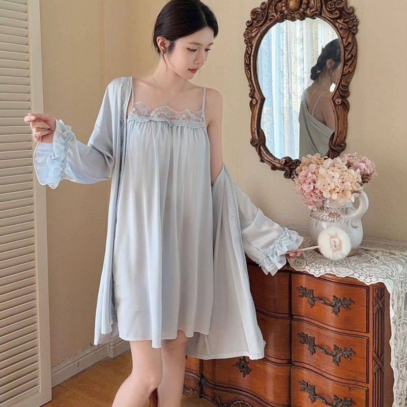 春夏季日系甜美吊带睡袍女士性感薄款吊带冰丝睡裙纯欲风睡袍长袖