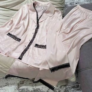 春季 轻复古大方领丝绸家居服可外穿 女睡衣法式 宫廷风冰丝睡衣套装