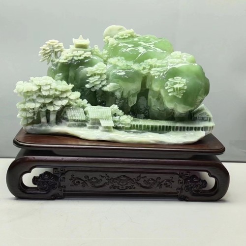 精品岫玉绿冰山水摆件寓意家有靠山富贵人家加座34x44净高22公分