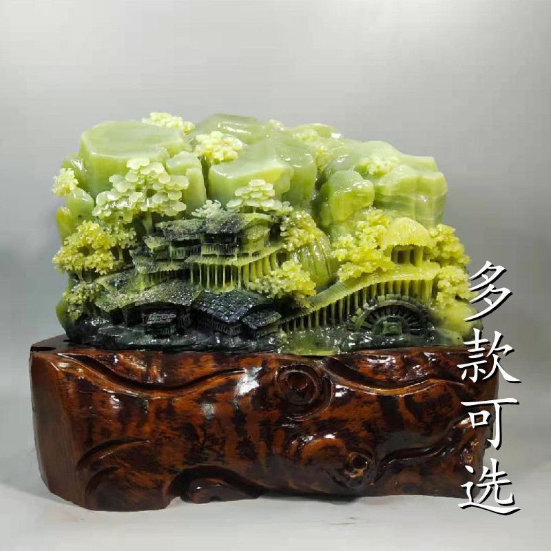 天然玉石山水中小绿色摆件客厅手工雕刻工艺饰品精品奇石岫玉原石