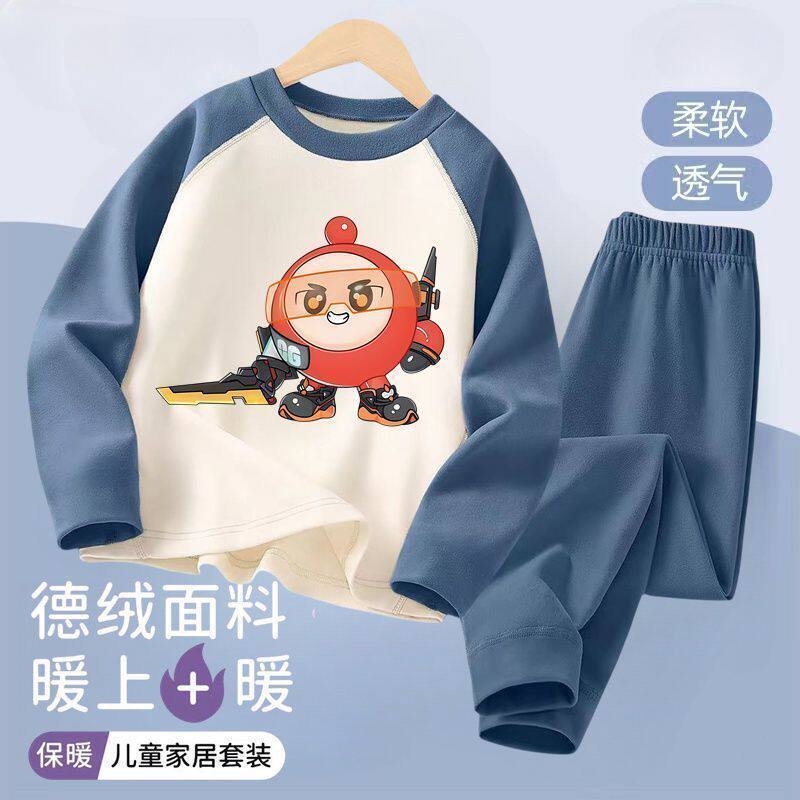 秋冬季新款蛋仔印花2026男女童双面德绒秋衣秋裤套装保暖两件套潮