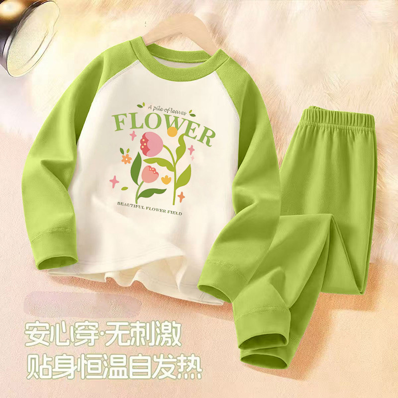 女童休闲德绒内搭长袖2026新款童装套装秋冬插肩撞色秋衣裤两件装