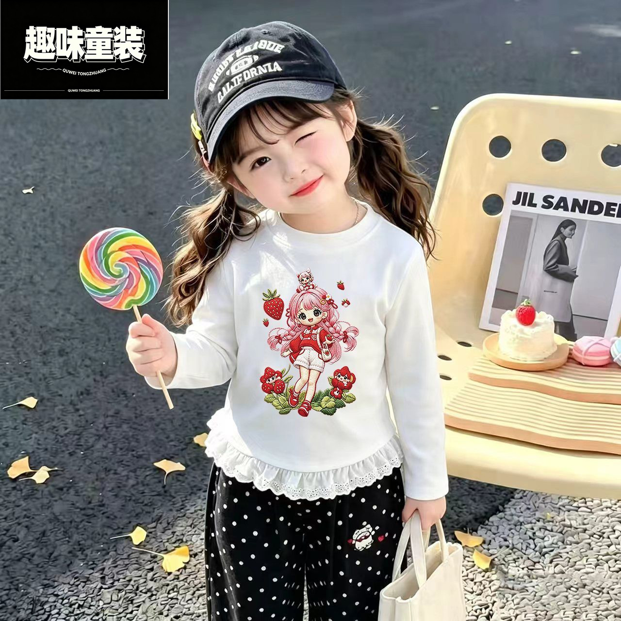 新款女童圆领长袖卡通蕾丝T恤