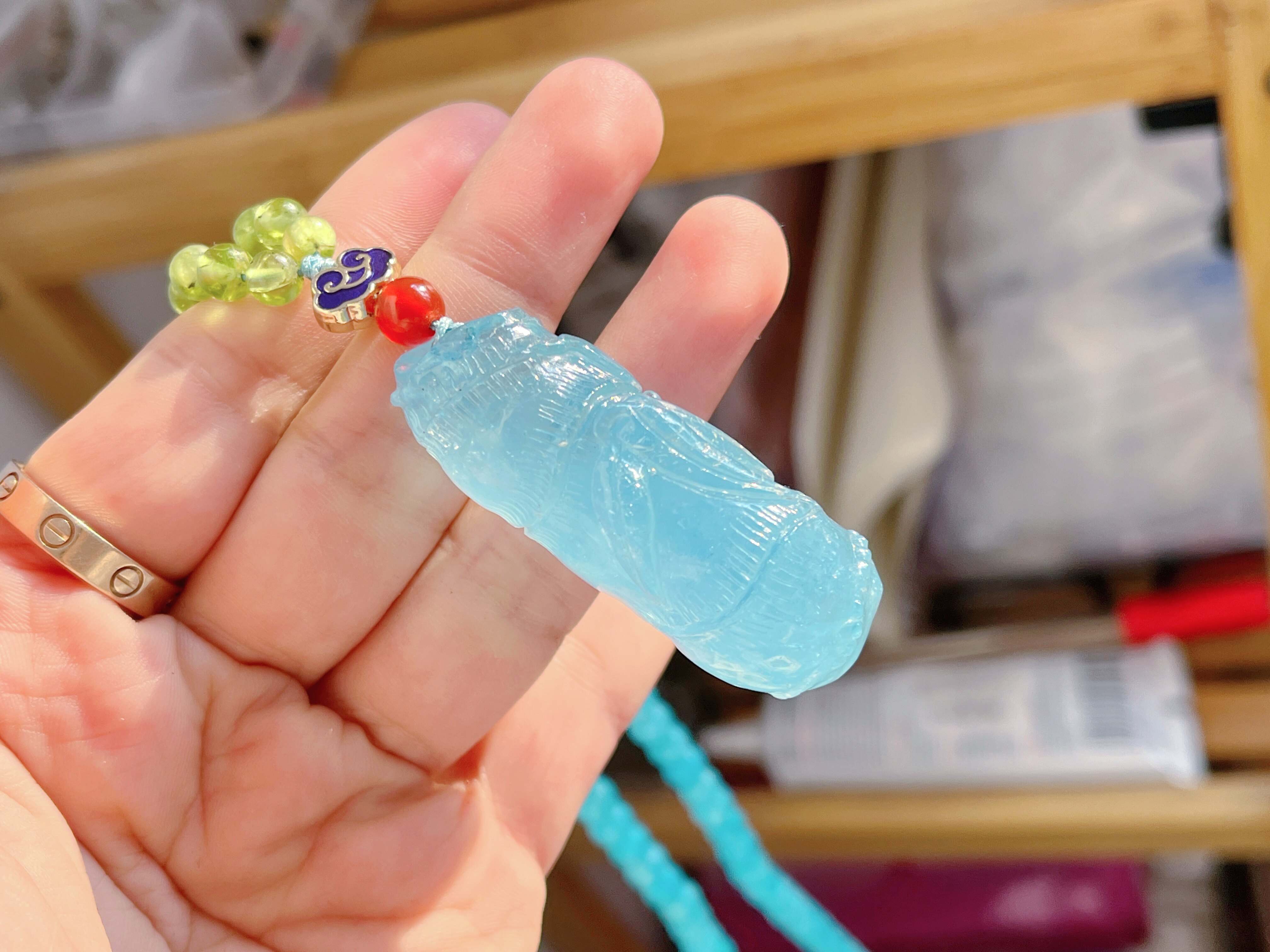 青岛珠宝店燕玺家 海蓝宝竹节节节高吊坠 天河石项链 长款毛衣连