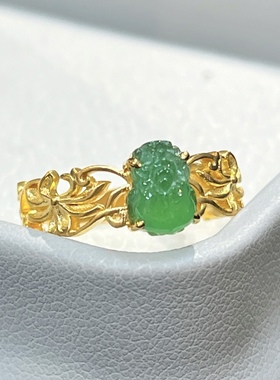 燕玺家  原创设计 18K古法黄金冰种阳绿翡翠貔貅回纹戒指 招财 玉