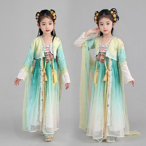 汉服女童凌妙妙同款扇子舞寄明月舞蹈儿童古装襦裙超仙连衣裙唐装