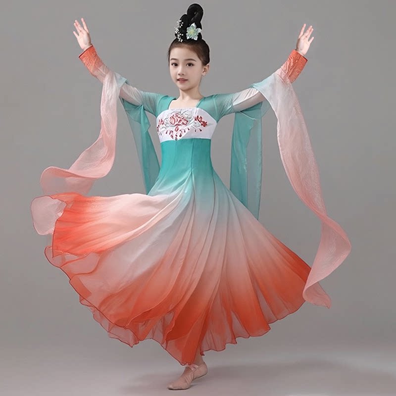 锦鲤连年女童古典舞舞蹈服飘逸渐变连衣裙仙气大摆裙儿童演出服装
