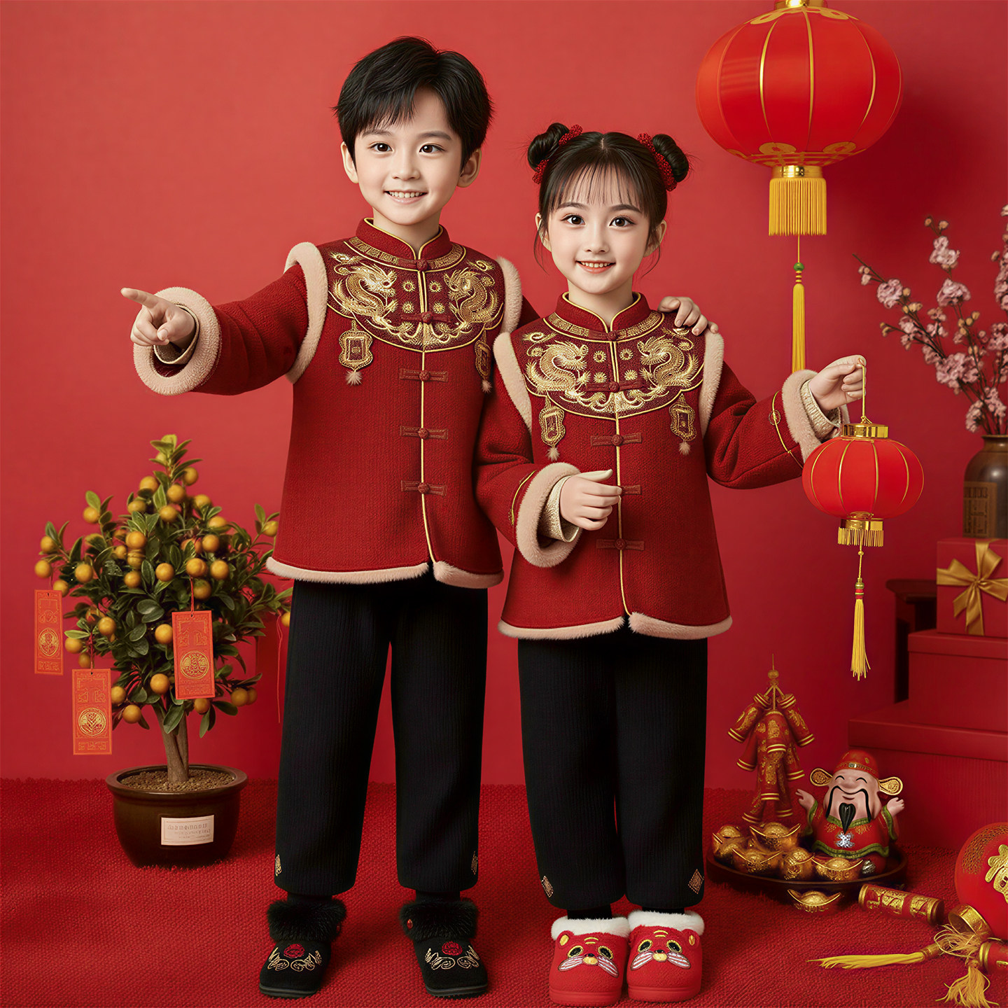 红色喜庆棉服套装宝宝过年