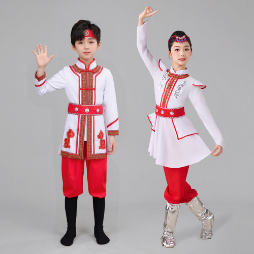 儿童蒙古族白马舞草原筷子舞演出少数民族表演服男女童蒙族袍服装