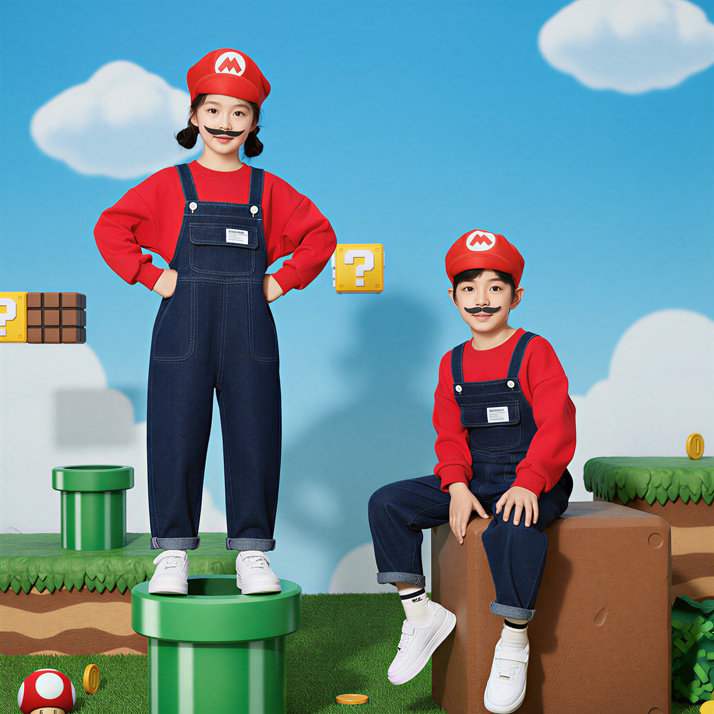 儿童牛仔背带裤演出服小学生马里
