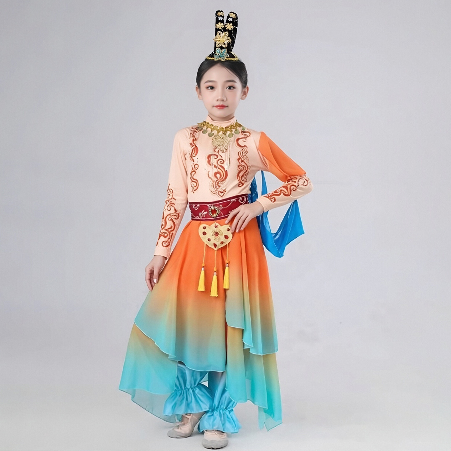 敦煌飞天汉服女童丝路升莲舞蹈服敦煌元素表演服儿童琵琶演出服装