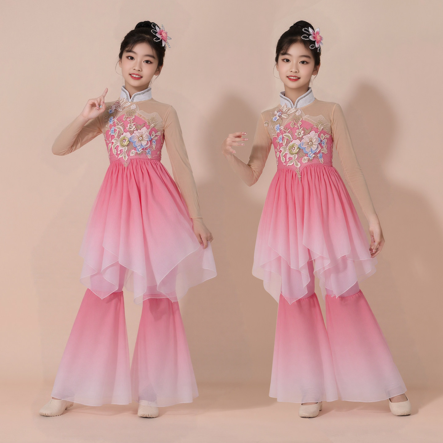儿童古典舞蹈服女童扇子中国舞古风飘逸落花舞蹈演出服套装分体式