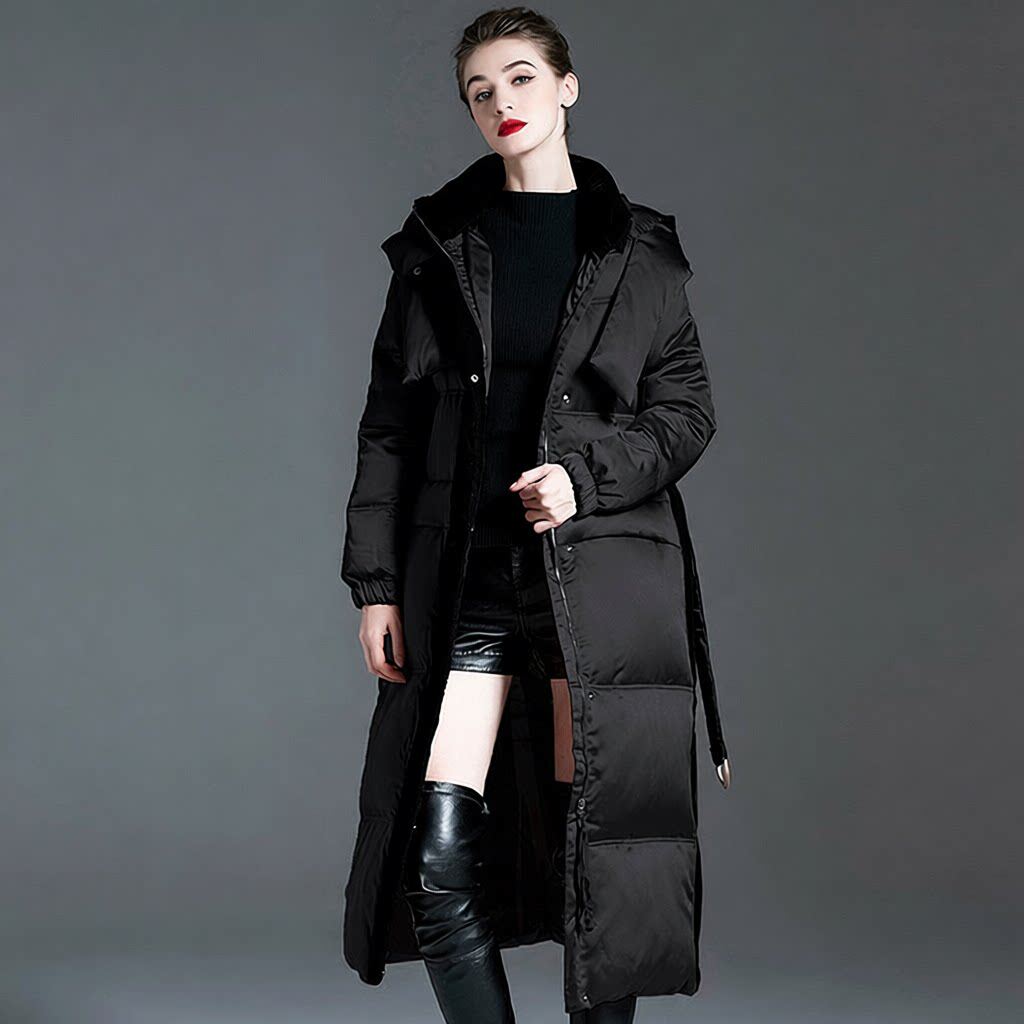 羽绒服女中长款连帽黑色酒红色