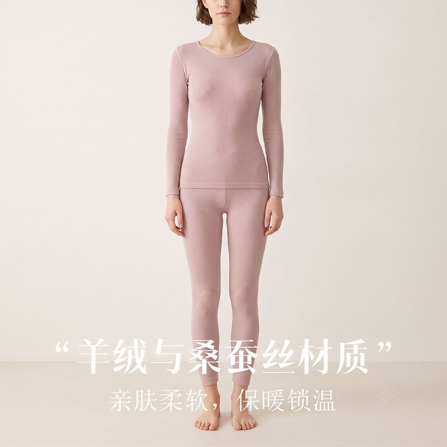 缕梵羊绒真丝保暖打底套装女桑蚕