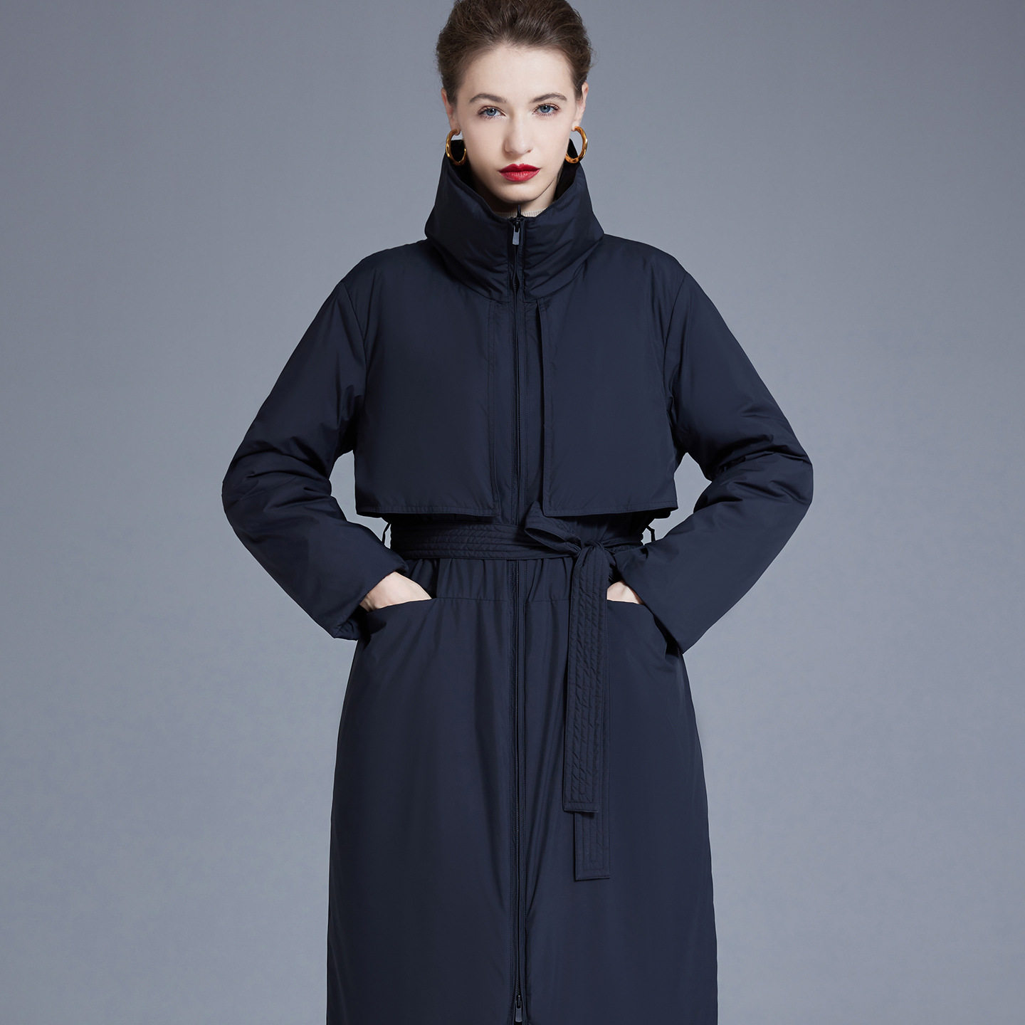 冬季新款加长款立领羽绒服女收腰